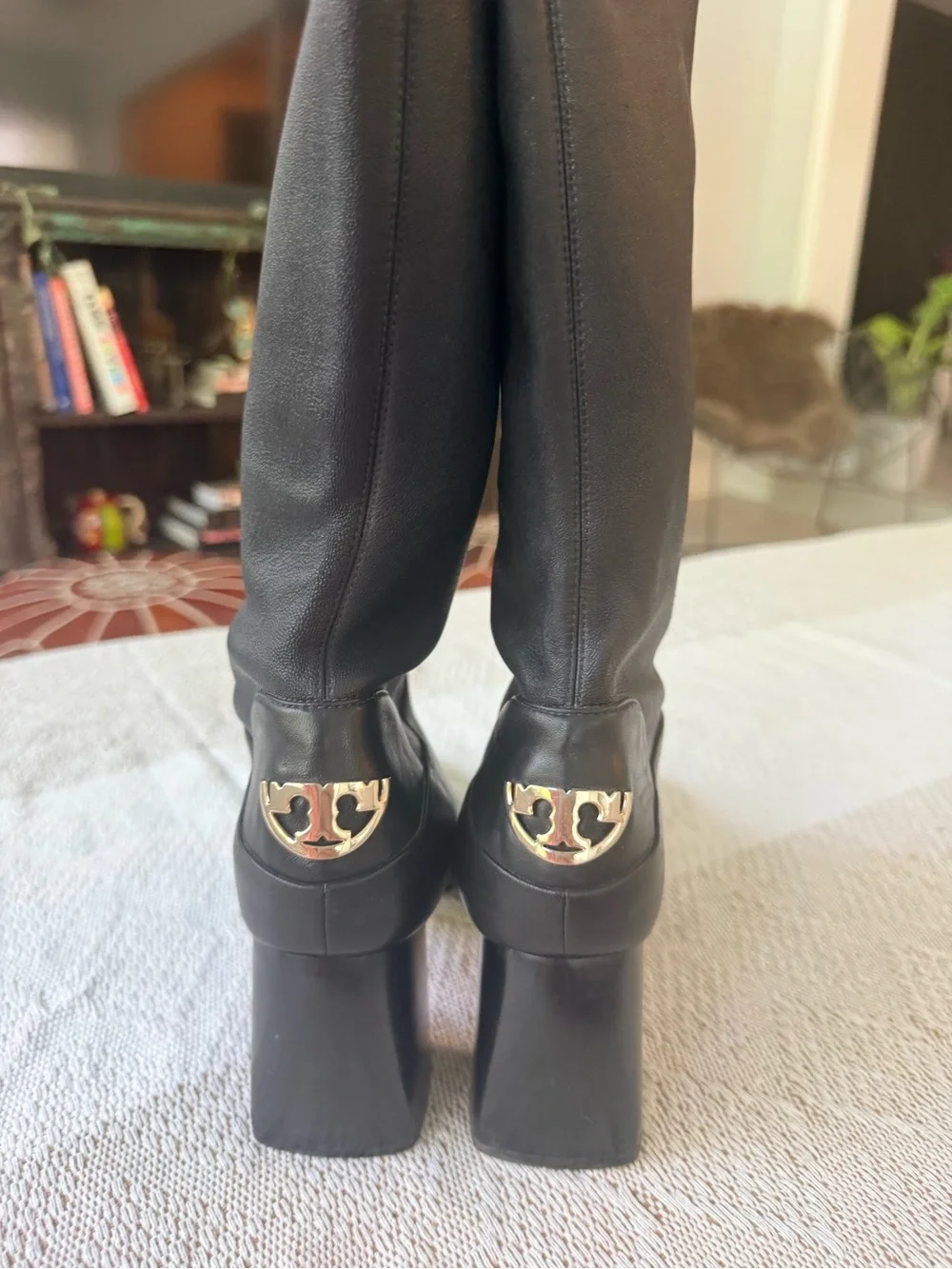 Tory Burch Cap Toe Black Leather Stretch Knee-High Boots Gold Logo Size 7.5M